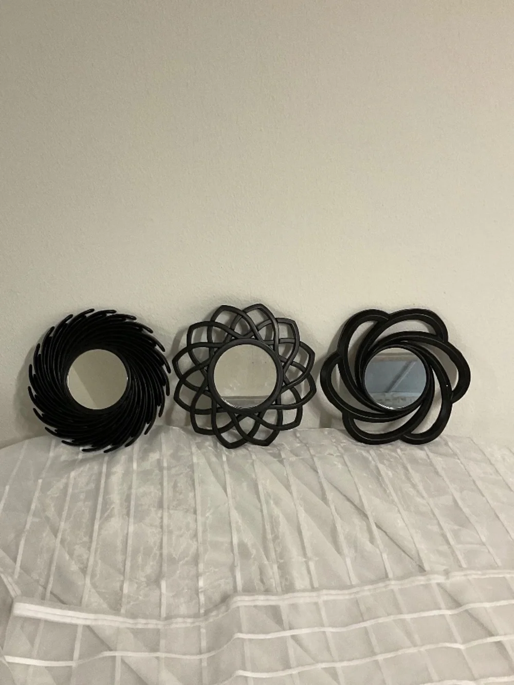 Set of 3 Geometric Wall Mirrors – Black Plastic Frames – 9” Modern Accent Decor